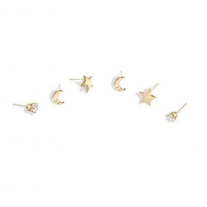 Gold Earrings Set - Set Of 6 | Moon Stud Earrings..