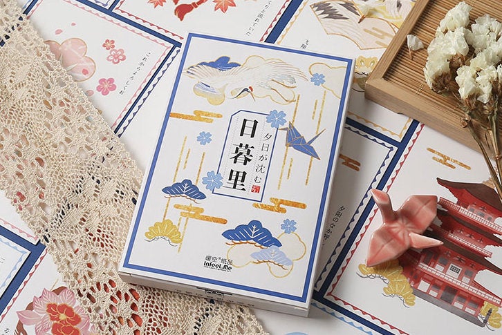Authentic Japan Picture Postcards Collection (30pc) | Nippori Post Card Set | Hand Drawing Crane Post Cards Box | Cherry Blossom Postcards |