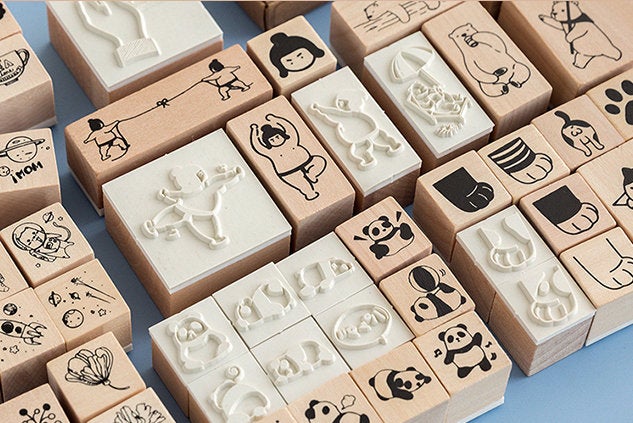 Japanese Cute Cartoon Drawing Wooden Stamp Set | Cat Stamp | Arrow Stamp | Wood Rubber Seal | Space Stamp | Notebook Stamp |Polar Bear Stamp