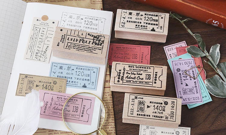 Vintage Travel Ticket Wooden Stamp Set | Old Transport Ticket Stamp | Tokyo Tram Stamp | York Train Stamp | Cambridge Stamp Scrapbook |