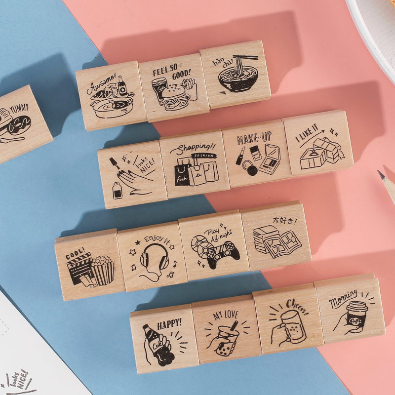 Foodie Life Style Stamp Collection (set Of 4) | Ramen Stamp Icon | Coke Stamp Rubber Seal | Wood Stamp Wooden | Beverage Drawing Stamp Paint
