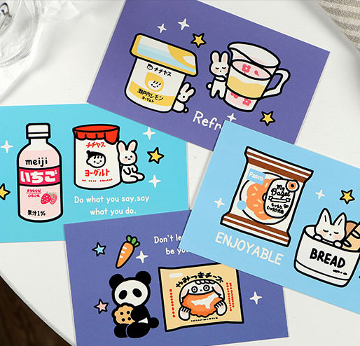 Cartoon Snack Cards Collection (30pc) | Japan Grocery Cards Set | Hand Drawing Postcards Box | Thank You Card | Small Memo Cards Japanese