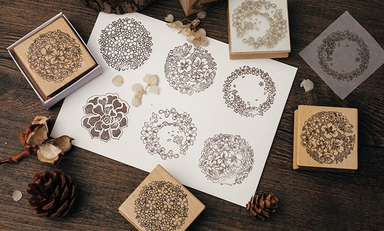 Garland Stamp Collection | Diy Flower Stamp Icon | Decorative Flower Wooden Stamp Rubber Seal | Nature Stamp | Retro Flower Plant Stamps Set
