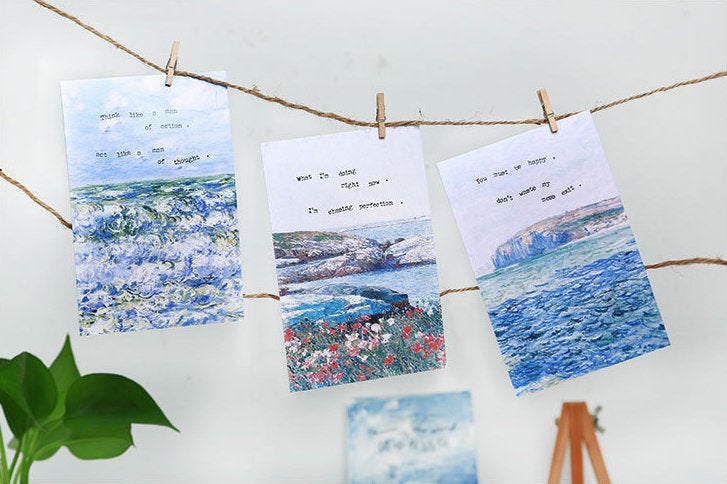 Poems in the Wind Postcards Collection (30pc) | Poems Post Card Set | Hand Drawing Garden Post cards Box | Blue Sea View Natural Postcards |
