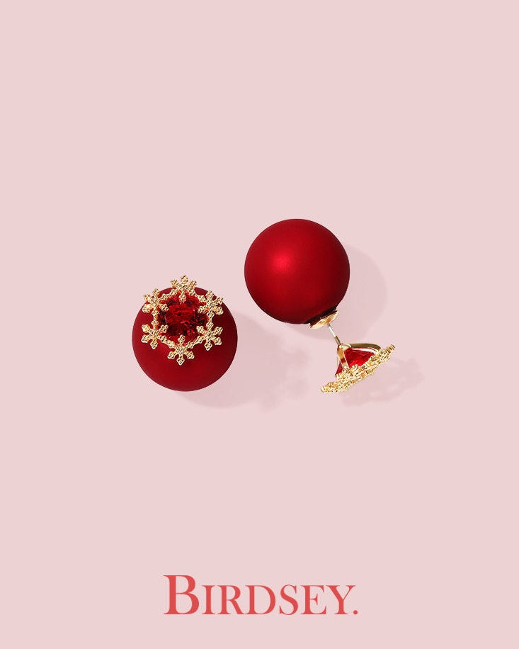 Snow Crystal Ruby Stud Earrings | Red Stud Gold Earrings | Sphere Earrings Ball Stud | Red Ear Jackets | Wedding Earrings Bridesmaid Gift
