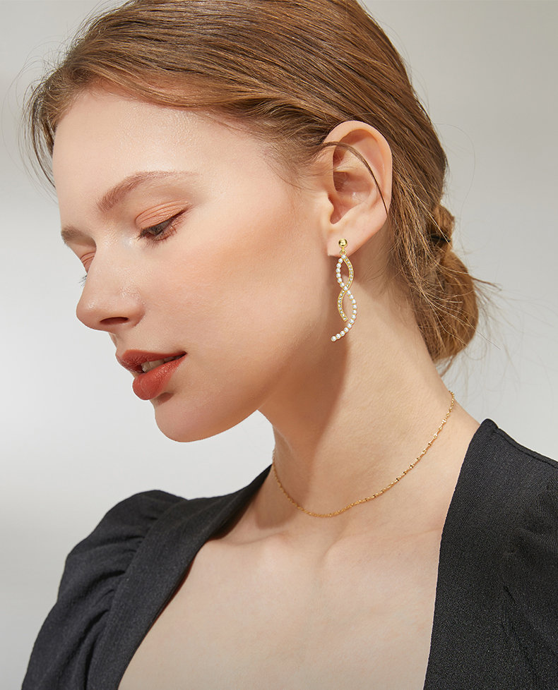 Pearl Wave Earrings | Pearl Dangle Earrings | Simple Earrings | Handmade Earrings | Pearl Gold Earrings | Bridal Pearl Earrings | Pearl Cz