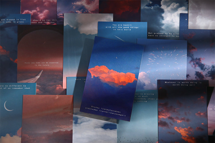 Moonrise Kingdom Postcards Collection (30pc) | Moon Phase Post Card Set | Sunset Nightfall Postcards Box | Cloudy Sky Moon Postcards |