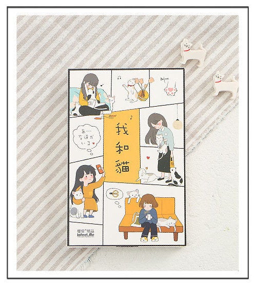 Hand Drawn Cartoon Cat Postcards Collection (30pc) | Girl & Cat Cute Card Set | Cat Postcard Pack | Little Kitten Card | Kitty Memo Card Set