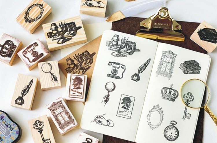 Vintage Items Stamp Collection | Vintage Icon Stamp | Wooden Stamp Rubber Seal | Hand Magnifier Window Mirror Key Watch Crown Stamp