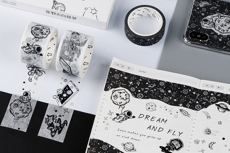 Black & White Masking Tape Set | Art Washi Masking Tape Water Color | Paint Masking Tape Drawing | Space Washi Tape Ink | Planet Tape Galaxy