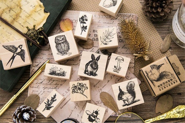 Forest Stamp Collection | Wild Animals Stamp Icon | Herbs Wooden Stamp Rubber Seal | Bee Stamp Birds | Rabbit Stamp Squirrel Pine Cone Stamp