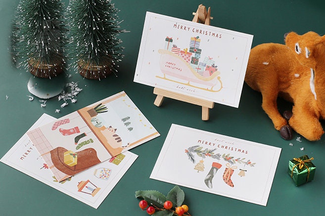 Christmas Best Wish Postcards Collection (30pc) | Merry Christmas Post Card Set | Hand Drawing Deer Sock Post cards Box | X' mas Postcards |