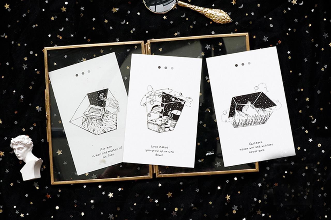 Black & White Galaxy Postcard Collection (30pc) | Galaxy Design Postcard | Hand Drawing Moon Greeting Card | Astronaut Decoration Postcard |