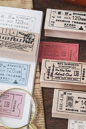 Vintage Travel Ticket Wooden Stamp Set | Old Transport Ticket Stamp | Tokyo Tram Stamp | New York Train Stamp | Cambridge Stamp Scrapbook |