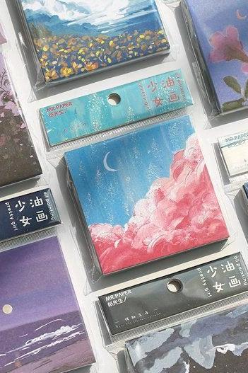 Oil Painting Sticky Notes Memo | Sunset Stars Memo Pad | Starry Sky Memo Set | Clear Sea Moonlight Sticky Memo Note | Purple Blue Notepad |