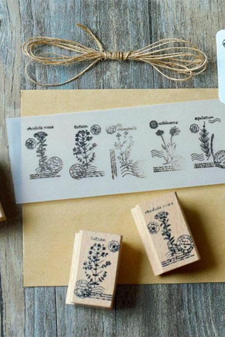 Flowers Stamp Collection | Green Plants Stamp Icon | Herbs Wooden Stamp Rubber Seal | Vintage Nature Stamp | Retro Flower Plant Stamps Set
