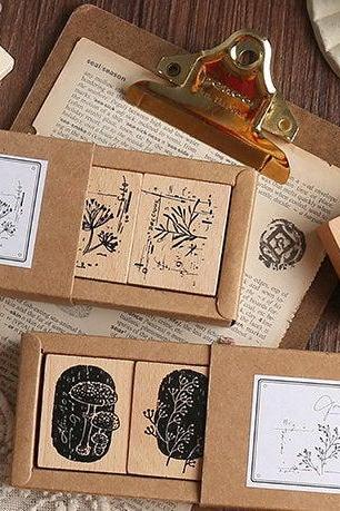 Forest Herbs Stamp Collection Set | Flowers Stamp Icon | Herbs Wooden Stamp Rubber Seal | Vintage Nature Stamp | Retro Flower Stamps Set