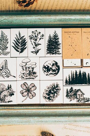 Natural Forest Stamp Collection | Wild Animals Stamp Icon | Herbs Wooden Stamp Rubber Seal | Mountain Stamp House | Rabbit Stamp Squirrel