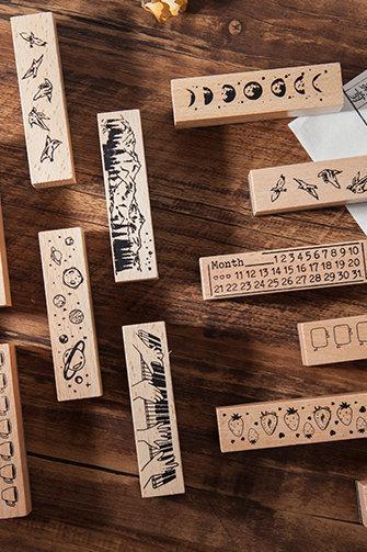 Wandering Planet Stamp Collection | Birds Stamp Icon | Planet Wooden Stamp Rubber Seal | Mountain Bow Stamp | Retro Flower Plant Stamps Set