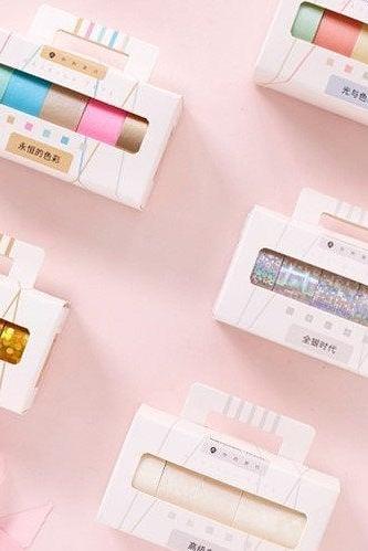Shiny Washi Tapes Pack Of 5 | Masking Washi Tape Set | Gold Masking Tape Silver | Simple Washi Tape Stamping | White Masking Tape Sparkling