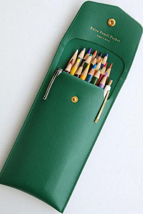 Extra Pocket Pencil Case - 6 Colors | Leather Pencil Case with Snap Button | Stationery Organizer | Pen Case | Stationery Pencils Case