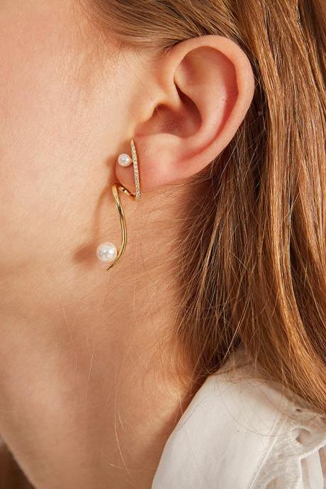 Unique Gold Wave Earrings | Pearl Gold Earrings | Shiny Pearl Earrings | Classic Earrings | Handmade Earrings | Earring Jackets | Simple