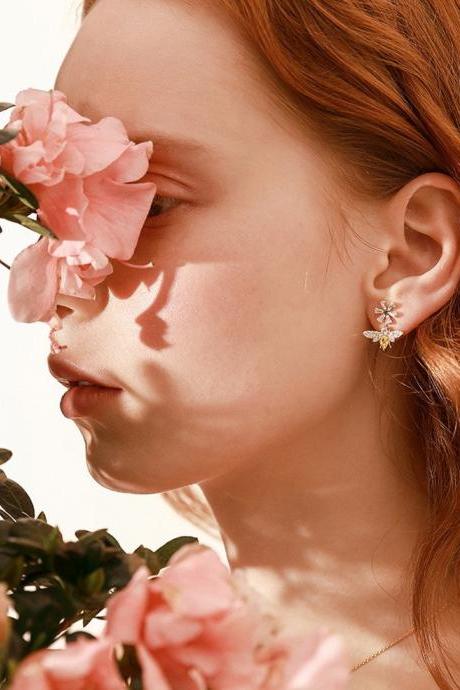 Firefly Earrings | Handmade Earrings | Bee Earring Jacket Ear | Insect Earrings Bug | Crystal Bee Earrings Diamonds | Bee Flower Earrings