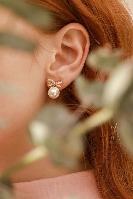Ribbon Pearl Earrings | Ribbon Bow Earrings | Pearl Stud Earrings | Bride Earrings Mother Daughter Gift | Ear Jackets Ribbon Stud Earings