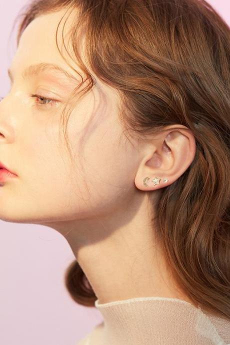 Gold Earrings Set - Set of 6 | Moon Stud Earrings | Diamond Stud Crystal | Star Stud Earrings | Simple Gold Earrings | Tiny Earring Jacket