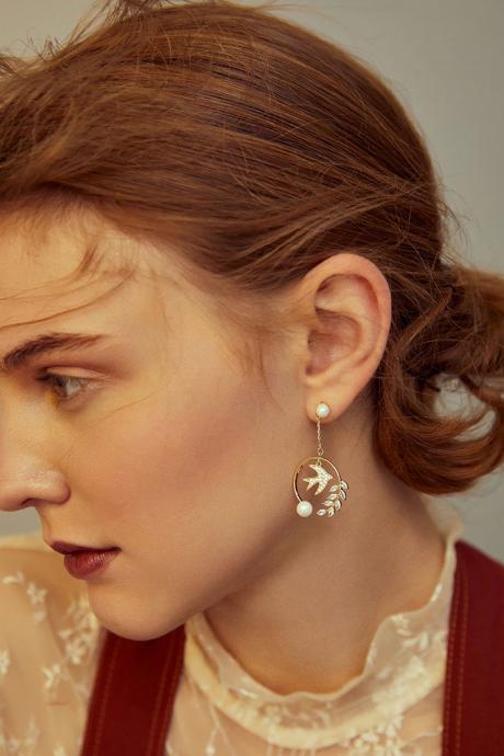 Gold Sallow Drop Earrings | Pearl Dangle Earrings | Handmade Earrings | Pearl Sallow Earrings | Bird Earrings | Simple Hoop Earrings |