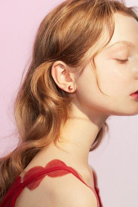 Red Moon Earrings - Set of 4 | Star Stud Earrings | Moon Stud Earrings | Simple Stud Earrings Gold | Small Earrings Tiny | Handmade Earring