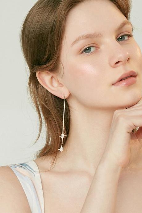 Twinkle Star Long Drop Earrings | Star Threader Earrings | Silver Star Dangle Earrings | Handmade Earrings | CZ Earrings |Gold Star Earrings