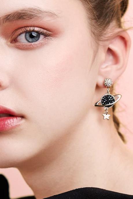 Star Dangle Earrings | Handmade Earrings | Moon Earring Jacket | Moon Ear Jacket | Space Earrings Drop Chain | Black Gold Earrings Design