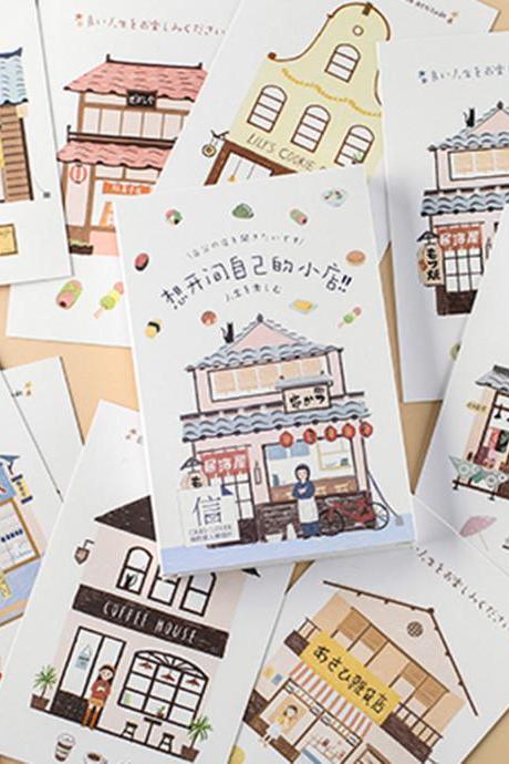 Open a Shop Postcard Collection (30pc) | Traditional Store Post Card Set | Hand Drawing Greeting Card | Building Postcard | Shaped Card Memo
