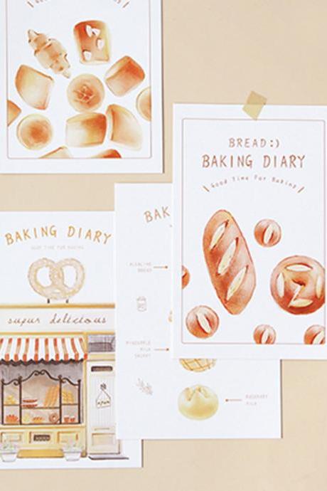 Baking Diary Postcards Collection (30pc) | Bakery Bread Cards Set | Baguette Drawing Postcards Box | Bagel cards | Sandwich Croissant Cards