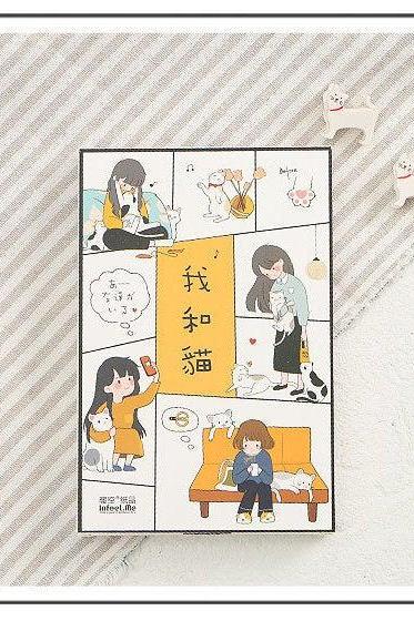 Hand Drawn Cartoon Cat Postcards Collection (30pc) | Girl &amp;amp; Cat Cute Card Set | Cat Postcard Pack | Little Kitten Card | Kitty Memo