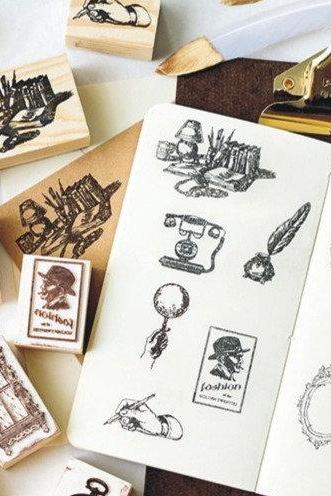 Vintage Items Stamp Collection | Vintage Icon Stamp | Wooden Stamp Rubber Seal | Hand Magnifier Window Mirror Key Watch Crown Stamp