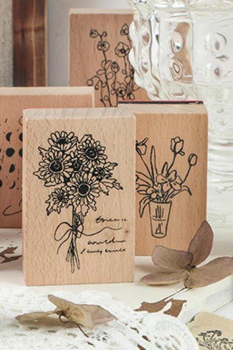 Fragrant Flowers Stamp Collection | Green Plants Stamp Icon | Herbs Wooden Stamp Rubber Seal | Moon Phase Stamp | Retro Flower Stamps Set