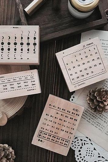 Moon Phase Calendar Stamp Collection Set | Practical Schedule Stamp | Wooden Stamp Rubber Seal | Diy Handbook Diary Stationery Symbol Stamp
