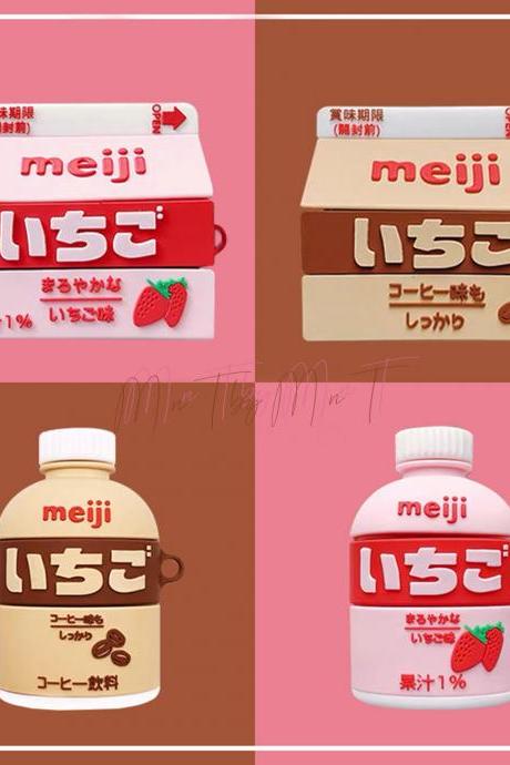 Creative Meji Strawberry Juice Silicone Airpods 1/2/pro case | Cute Meji Coffee Milk Apple Airpods 1/2/pro case