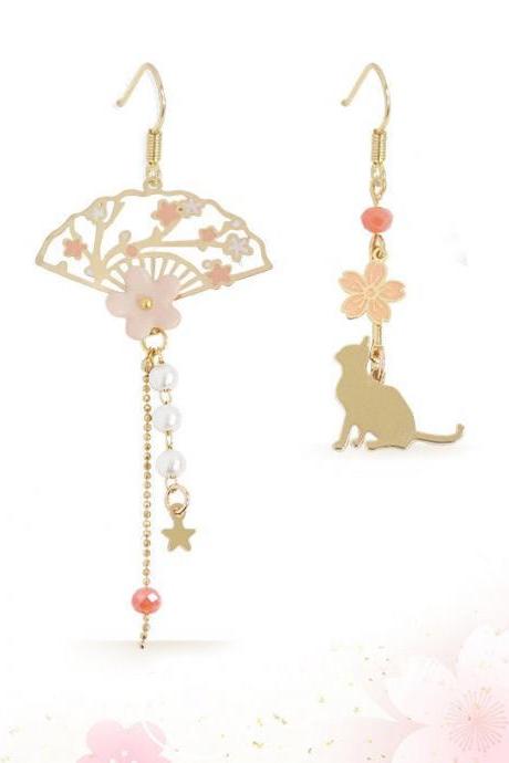 Sakura Fan &amp;amp; Cat Earrings | Cute Fan With Cat Earrings | Flower And Cat Earrings | Handmade Earrings | Cat Drop Earrings | Flower