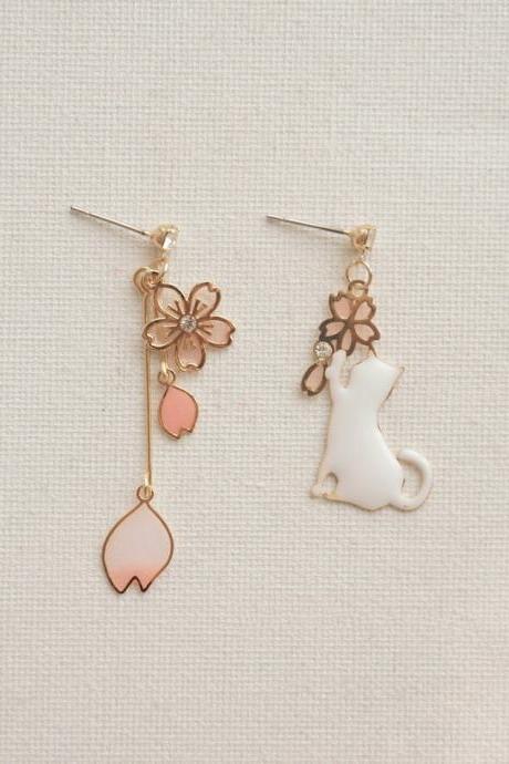 Japanese Cat Earrings | Cute Cat Earrings | Cat Jewelry | Cat Lady Gift | Pink Earrings | Korean Earrings| Flower Earrings | Christmas
