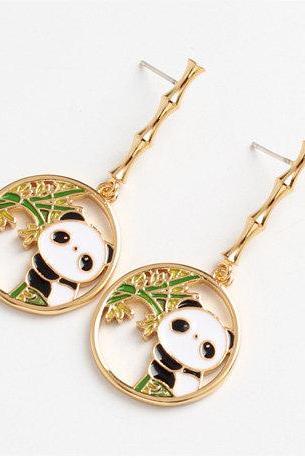 Gold Plated Bamboo Panda Drop Earrings | Cute Panda Dangle Earrings | Animal Earrings | Handmade Earrings | Round Shape Panda Earrings |Bear