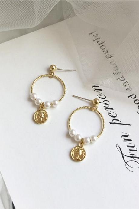 Gold Coin Pearl Earrings | Korean Earrings | Pearl Dangle Earrings | Disc earrings | Vintage Earrings | Simple Earring | Everyday Jewelry