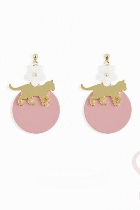 Japanese Sakura & Cat Earrings | Pink Earrings | Handmade Earrings | Cat lover Earrings | Cute Cat Earrings | Flower Earrings| Cat Dangle