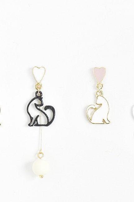 Japanese Cute Cat Earrings- 2 Colors | Black Cat Earrings | Handmade Earrings | White Cat Earrings | Heart Earrings | Cat Dangle Earrings