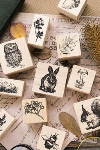 Forest Stamp Collection | Wild Animals Stamp Icon | Herbs Wooden Stamp Rubber Seal | Bee Stamp Birds | Rabbit Stamp Squirrel Pine Cone Stamp