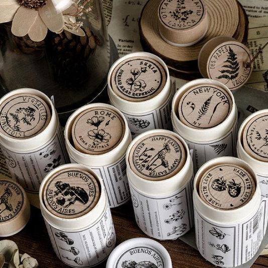 Plant Philatelic Catalogue Stamp Collection | Flower Stamp Icon | Herbs Circle Wooden Stamp Rubber Seal | Barrel Lotus Wood Stamp House |